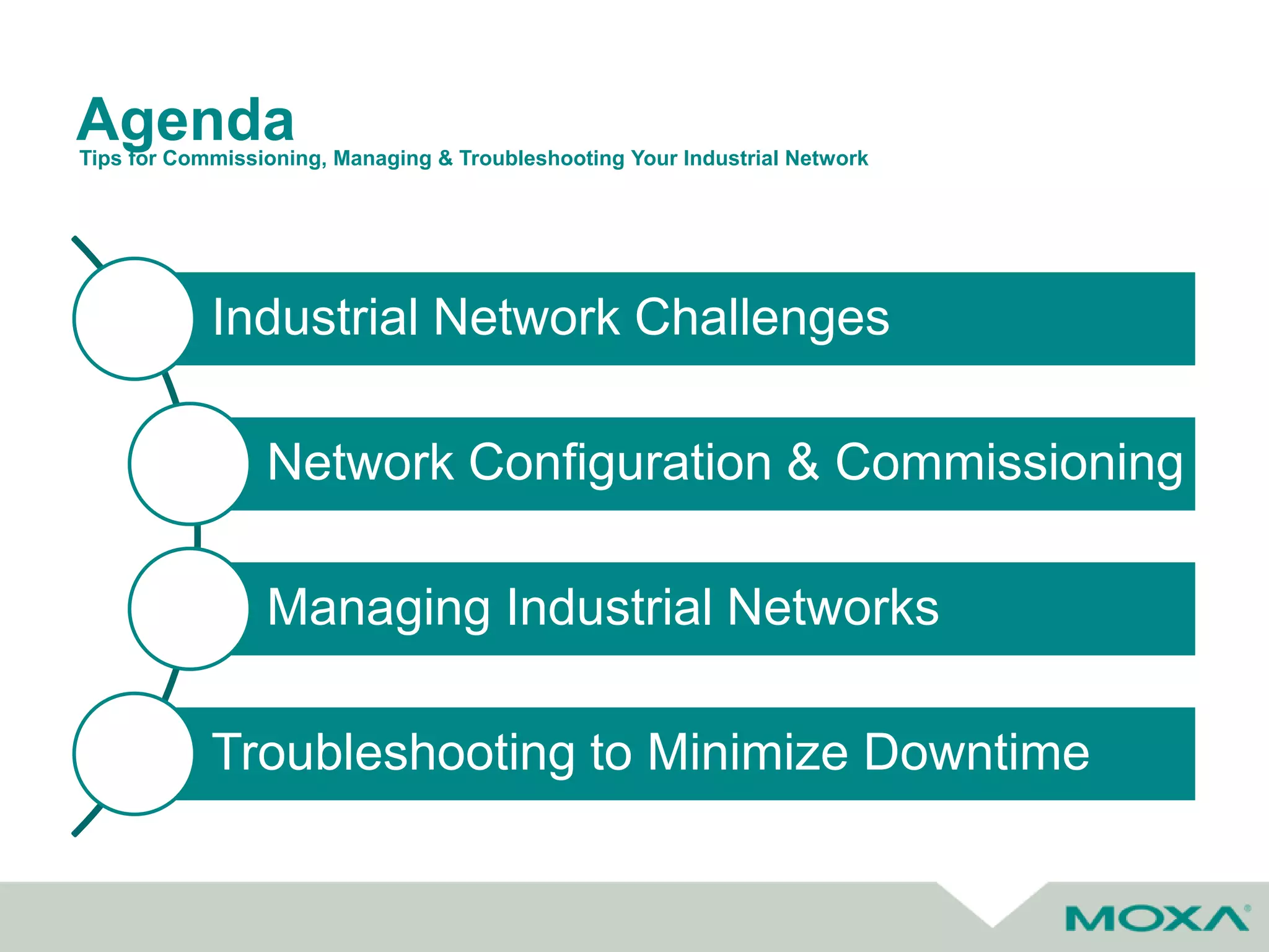Agenda
Industrial Network Challenges
Network Configuration & Commissioning
Managing Industrial Networks
Troubleshooting to Minimize Downtime
Tips for Commissioning, Managing & Troubleshooting Your Industrial Network
 