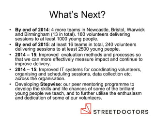 What’s Next? 
•By end of 2014: 4 more teams in Newcastle, Bristol, Warwick and Birmingham (13 in total). 180 volunteers delivering sessions to at least 1000 young people. 
•By end of 2015: at least 16 teams in total, 240 volunteers delivering sessions to at least 2500 young people. 
•2014 – 15: Improved evaluation methods and processes so that we can more effectively measure impact and continue to improve delivery. 
•2014 – 15: Improved IT systems for coordinating volunteers, organising and scheduling sessions, data collection etc. across the organisation. 
•Developing Stepwise: our peer mentoring programme to develop the skills and life chances of some of the brilliant young people we teach, and to further utilise the enthusiasm and dedication of some of our volunteers.  