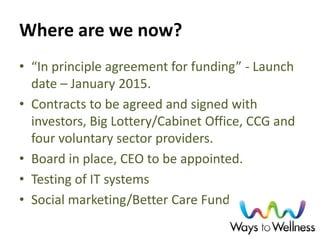 Where are we now? 
•“In principle agreement for funding” - Launch date – January 2015. 
•Contracts to be agreed and signed with investors, Big Lottery/Cabinet Office, CCG and four voluntary sector providers. 
•Board in place, CEO to be appointed. 
•Testing of IT systems 
•Social marketing/Better Care Fund  