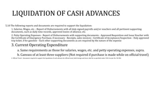 LIQUIDATION OF CASH ADVANCES
5.10 The following reports and documents are required to support the liquidation:
1. Salaries, Wages, etc. - Report of Disbursements with all duly signed payrolls and/or vouchers and all pertinent supporting
documents, such as daily time records, approved leaves of absence, etc.
2. Petty Operating Expenses - Report of Disbursements with supporting documents - Approved Requisition and Issue Voucher with
the Certificate of Emergency Purchase, if necessary - Receipts, sales invoices - Certificate of Acceptance/Inspection - Duly approved
trip ticket, if for gasoline - Such other supporting documents as are required by the nature of the expense
3. Current Operating Expenditure
a. Same requirements as those for salaries, wages, etc. and petty operating expenses, supra.
b. Canvass of at least three suppliers (Not required if purchase is made while on official travel)
4. Official Travel - documents required to support the liquidation of cash advance for official travel, both foreign and local, shall be as specified under COA Circular No. 96-004.
 