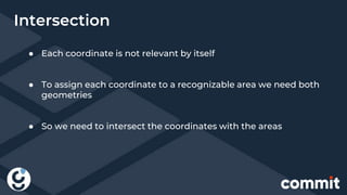 Intersection
● Each coordinate is not relevant by itself
● To assign each coordinate to a recognizable area we need both
geometries
● So we need to intersect the coordinates with the areas
 