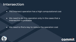 Intersection
● The intersect operation has a high computational cost
● We need to do this operation only in the cases that a
intersection is probable
● We need to find a key to reduce the operation cost
 