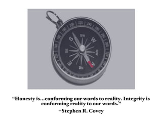 “Honesty is...conforming our words to reality. Integrity is
            conforming reality to our words.”
                   –Stephen R. Covey
 