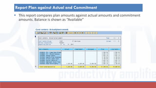  This report compares plan amounts against actual amounts and commitment
amounts. Balance is shown as “Available”
Report Plan against Actual and Commitment
 