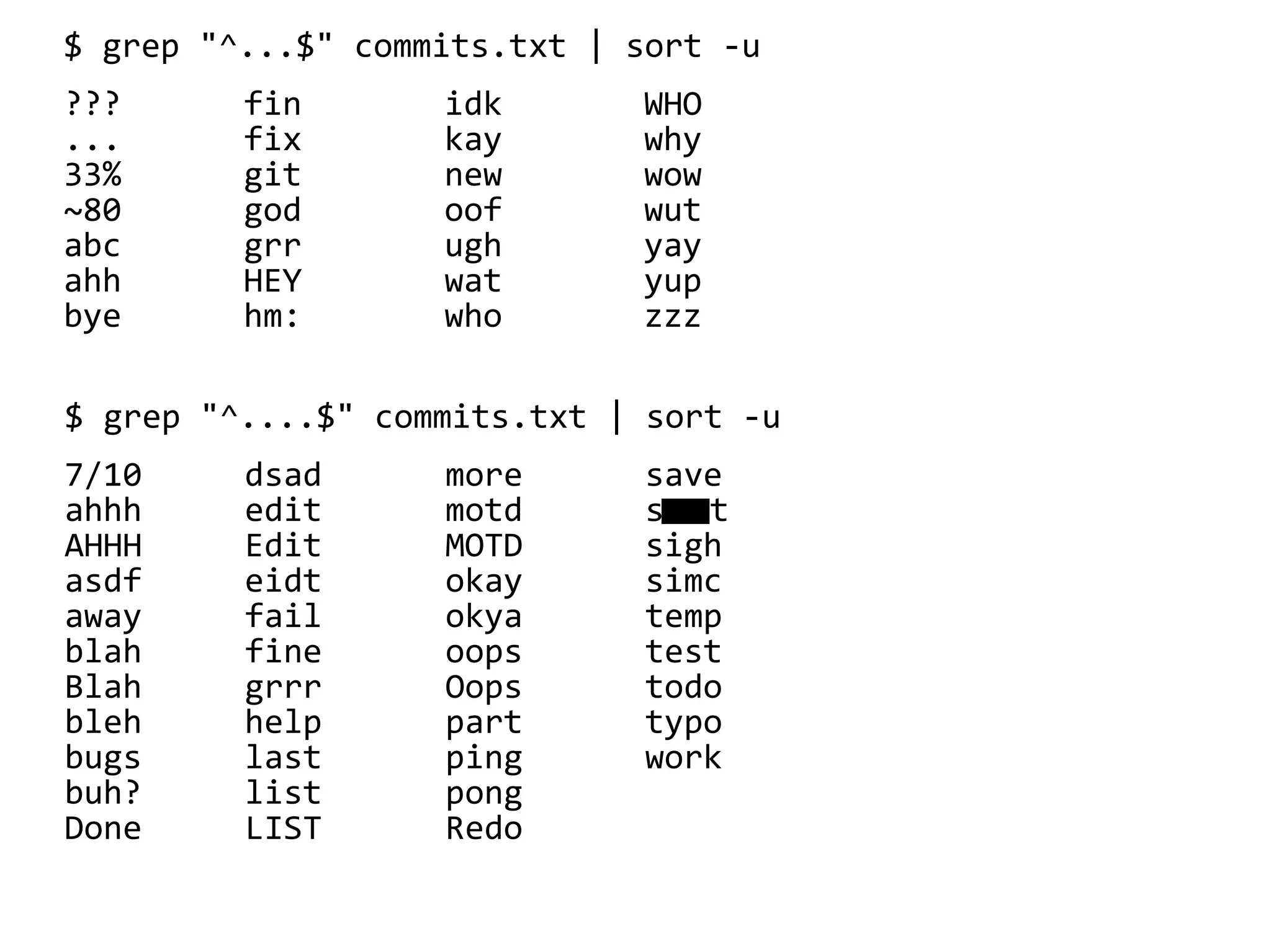 $ grep "^...$" commits.txt | sort -u
???
...
33%
~80
abc
ahh
bye
fin
fix
git
god
grr
HEY
hm:
WHO
why
wow
wut
yay
yup
zzz
idk
kay
new
oof
ugh
wat
who
$ grep "^....$" commits.txt | sort -u
7/10
ahhh
AHHH
asdf
away
blah
Blah
bleh
bugs
buh?
Done
dsad
edit
Edit
eidt
fail
fine
grrr
help
last
list
LIST
save
s t
sigh
simc
temp
test
todo
typo
work
more
motd
MOTD
okay
okya
oops
Oops
part
ping
pong
Redo
 
