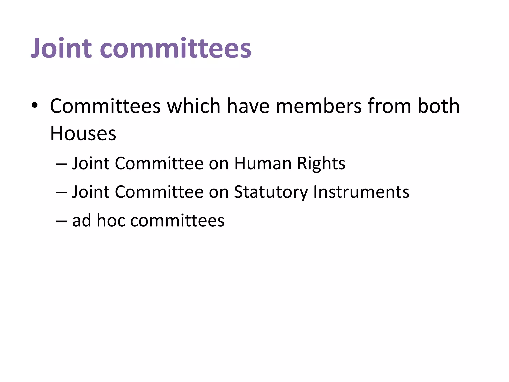 Joint committees
• Committees which have members from both
Houses
– Joint Committee on Human Rights
– Joint Committee on Statutory Instruments
– ad hoc committees
 