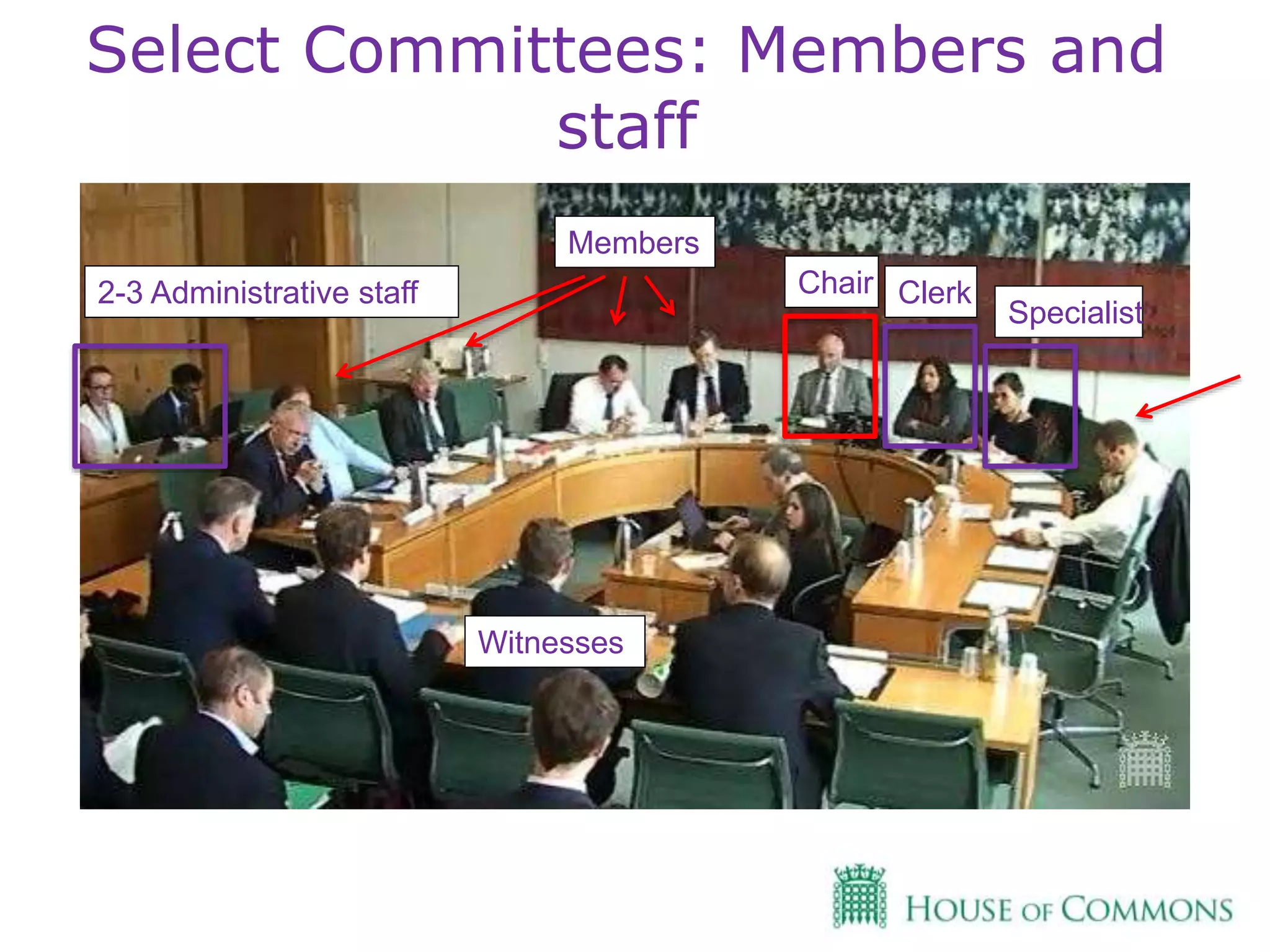 Select Committees in action!Select Committees: Members and
staff
Clerk
Specialist
2-3 Administrative staff Chair
Members
Witnesses