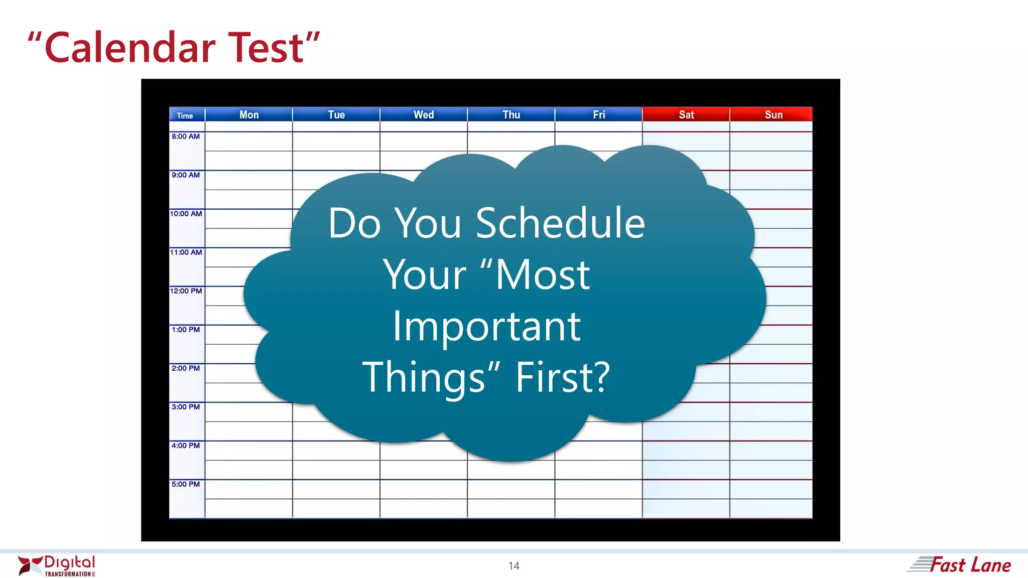 “Calendar Test”
Do You Schedule
Your “Most
Important
Things” First?
14
 