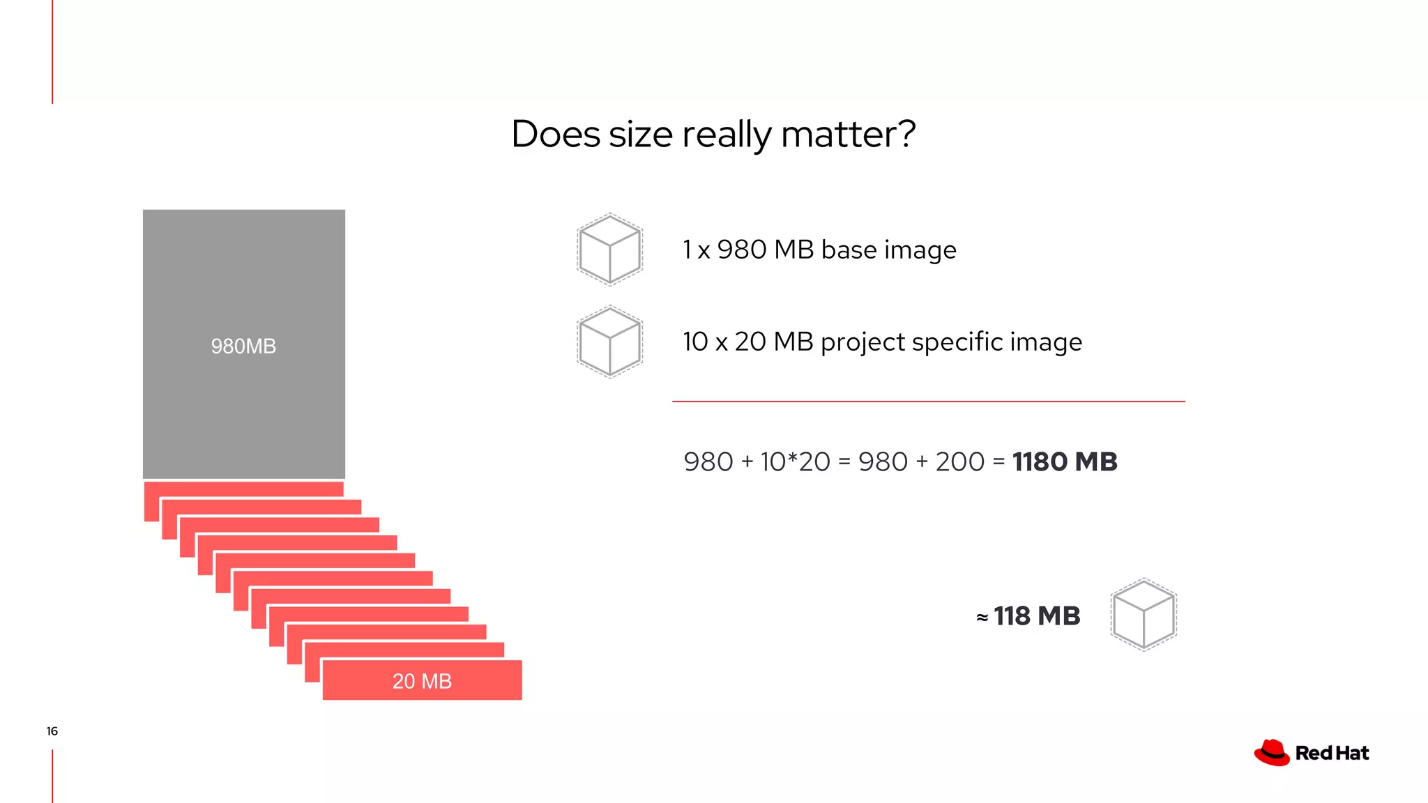 Does size really matter?
16
980MB
20 MB
1 x 980 MB base image
10 x 20 MB project specific image
980 + 10*20 = 980 + 200 = 1180 MB
≈ 118 MB
 