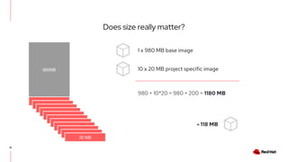 Does size really matter?
16
980MB
20 MB
1 x 980 MB base image
10 x 20 MB project specific image
980 + 10*20 = 980 + 200 = 1180 MB
≈ 118 MB
 