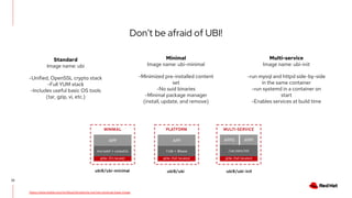 Don’t be afraid of UBI!
20
https://www.redhat.com/en/blog/introducing-red-hat-universal-base-image
Standard
Image name: ubi
-Unified, OpenSSL crypto stack
-Full YUM stack
-Includes useful basic OS tools
(tar, gzip, vi, etc.)
Minimal
Image name: ubi-minimal
-Minimized pre-installed content
set
-No suid binaries
-Minimal package manager
(install, update, and remove)
Multi-service
Image name: ubi-init
-run mysql and httpd side-by-side
in the same container
-run systemd in a container on
start
-Enables services at build time
 