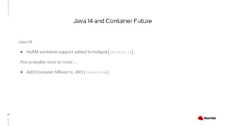 Java 14 and Container Future
37
Java 14
● NUMA container support added to hotspot [JDK-8198715]
And probably more to come …
● Add Container MBean to JMX [JDK-8199944]
 
