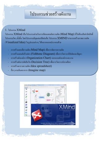 โปรแกรมช่วยสร้างผังงาน
1. โปรแกรม XMind
โปรแกรม XMind เป็นโปรแกรมช่วยในการเขียนแผนผังความคิด (Mind Map) ที่ไม่ต้องเสียค่าลิขสิทธิ์
โปรแกรมใดๆ ทั้งสิ้น โดยโปรแกรมมีคุณสมบัติเด่นคือ โปรแกรม XMIND สามารถสร้างภาพความคิด
(Visualized Idea) ในรูปแบบต่างๆ ได้หลากหลายประกอบด้วย
- การสร้างแผนที่ความคิด (Mind Map) เพื่อการจัดการความคิด
- การสร้างแผนผังก้างปลา (Fishbone Diageam) เพื่อการวิเคราะห์ปัจจัยและปัญหา
- การสร้างผังองค์กร (Organization Chart) ออกแบบผังองค์กรและงาน
- การสร้างผังการตัดสินใจ (Decision Tree) เพื่อการวิเคราะห์ทางเลือก
- การสร้างตารางความคิด (Idea spreadsheet)
- อื่นๆ ตามจินตนาการ (Imagine map)
 