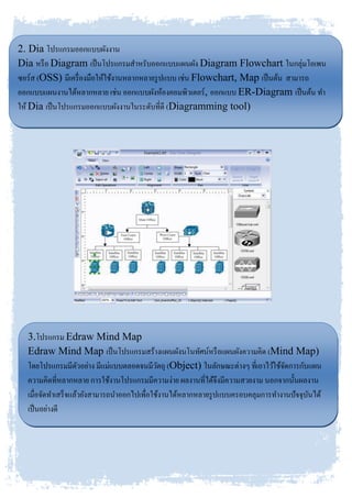 2. Dia โปรแกรมออกแบบผังงาน
Dia หรือ Diagram เป็นโปรแกรมสาหรับออกแบบแผนผัง Diagram Flowchart ในกลุ่มโอเพน
ซอร์ส (OSS) มีเครื่องมือให้ใช้งานหลากหลายรูปแบบ เช่น Flowchart, Map เป็นต้น สามารถ
ออกแบบแผนงานได้หลากหลาย เช่น ออกแบบผังห้องคอมพิวเตอร์, ออกแบบ ER-Diagram เป็นต้น ทา
ให้ Dia เป็นโปรแกรมออกแบบผังงานในระดับที่ดี (Diagramming tool)
3.โปรแกรม Edraw Mind Map
Edraw Mind Map เป็นโปรแกรมสร้างแผนผังนโนทัศน์หรือแผนผังความคิด (Mind Map)
โดยโปรแกรมมีตัวอย่าง มีแม่แบบตลอดจนมีวัตถุ (Object) ในลักษณะต่างๆ ที่เอาไว้ใช้จัดการกับแผน
ความคิดที่หลากหลาย การใช้งานโปรแกรมมีความง่าย ผลงานที่ได้จึงมีความสวยงาม นอกจากนั้นผลงาน
เมื่อจัดทาเสร็จแล้วยังสามารถนาออกไปเพื่อใช้งานได้หลากหลายรูปแบบครอบคลุมการทางานปัจจุบันได้
เป็นอย่างดี
 