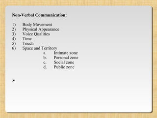 Non-Verbal Communication:
1) Body Movement
2) Physical Appearance
3) Voice Qualities
4) Time
5) Touch
6) Space and Territory
a. Intimate zone
b. Personal zone
c. Social zone
d. Public zone

 