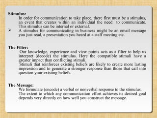Stimulus:
In order for communication to take place, there first must be a stimulus,
an event that creates within an individual the need to communicate.
This stimulus can be internal or external.
 A stimulus for communicating in business might be an email message
you just read, a presentation you heard at a staff meeting etc.
The Filter:
Our knowledge, experience and view points acts as a filter to help us
interpret (decode) the stimulus. Here the compatible stimuli have a
greater impact than conflicting stimuli.
Stimuli that reinforces existing beliefs are likely to create more lasting
impression and to generate a stronger response than those that call into
question your existing beliefs.
The Message:
We formulate (encode) a verbal or nonverbal response to the stimulus.
The extent to which any communication effort achieves its desired goal
depends very directly on how well you construct the message.
 