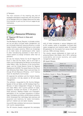 38  |  May 2018	 Communiqué
Building Capacity
of Telangana.
The main outcome of the meeting was that all
employers associations would work with the Chairman
of the Telangana Minimum Wages Board and the Labor
Commissioner to work out the minimum wages as per
notifications.
work of Indian companies in various categories such
as 3R, e-waste, waste to recyclables, municipal solid
waste management and industrial waste. CII received
69 applications for the awards from across India from
start-ups, SMEs and large industry.
The industry session deliberated on topics such as
achieving Mission Zero Waste, role of 3R in achieving
sustainability and circular economy, and waste
management based on 3R.
3R Award Winners
Large Enterprise Bosch Ltd
Medium Enterprise BEEPEE Coatings Ltd
Micro & Small Enterprise Proton Enviro Private Ltd
Certificate of Appreciation
for Start-ups
Ecosystem Private Ltd
Excellence Award in Waste Management	
Category 1st
Prize 2nd
Prize
Industrial Waste Ion Exchange Bosch Ltd
E-waste E-Parisaraa Pvt Ltd
Greenwaves
Environmental
Solution
Namo E-waste
Management
Waste to
Recyclable
NEPRA
MSW Collection
& Transportation
Chennai MSW Pvt
Ltd
Waste to
Composting
IL&FS Environment Indian Pollution
Control
Association
Integrated
Waste
Management
Eco-pro Environmental
Services
Hyderabad
Integrated MSW
Pvt Ltd
Waste to
Energy
Delhi MSW Pvt Ltd Jabalpur MSW
Pvt Ltd
Sumitra Mahajan, Speaker of the Lok Sabha and Hardeep Singh Puri,
Minister of State (I/C) of Housing and Urban Affairs, inaugurating
the 8th
Regional 3R Forum Exhibition in Indore
8th
Regional 3R Forum in Asia and
the Pacific
The 3Rs (Reduce, Reuse, Recycle), in a broader context,
are not just about municipal waste management, but
are intrinsically linked with resource efficiency in a wide
range of sectors, towards transitioning to a zero waste
society and a green economy. Efforts are increasingly
on to make nearly all waste/outputs either inputs
to other manufacturing processes or return them to
natural systems as benign emissions rather than as
pollutants.
CII was the Industry Partner for the 8th
Regional 3R
Forum in Asia and the Pacific, held on 9-12 April in
Indore, and co-organized by the Ministry of Housing and
Urban Affairs, India, the Ministry of the Environment,
Japan, and the United Nations Center for Regional
Development (UNCRD). The overall theme of the Forum
was ‘Achieving Clean Water, Clean Land and Clean Air
through 3R and Resource Efficiency – A 21st
Century
Vision for Asia-Pacific Communities.’
CII organized the exhibition and the Industry Awards,
and conducted a full day session on 3R and waste
management.
The exhibition, inaugurated by Ms Sumitra Mahajan,
Speaker of the Lok Sabha, and Mr Hardeep Singh Puri,
Minister of State (Independent Charge) of Housing
and Urban Affairs, had 4 country pavilions of Japan,
Singapore, Australia and Russia, 2 UN pavilions, 2
State pavilions– Madhya Pradesh and Chattisgarh,
participation of the municipal corporations of Kanpur,
Ujjain, Coimbatore and Indore, and 40 industry exhibitors,
which showcased their technology, best practices and
equipment and machinery for waste minimization,
optimum material use and waste recovery.
Around 20 Indian exhibitors had one-to-one interactions
with country representatives.
The 3R Industry Awards recognized the exemplary
Resource Efficiency
 