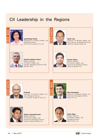 44  |  May 2018	 Communiqué
Jagi Mangat Panda
Chairperson, CII Eastern Region, and
Managing Director,
Ortel Communications Pvt Ltd
Piruz Khambatta
Chairman, CII Western Region, and
Chairman & Managing Director,
Rasna Pvt Ltd
Sachit Jain
Chairman, CII Northern Region, and
Vice Chairman & Managing Director,
Vardhman Special Steels Ltd
Chandra Shekhar Ghosh
Deputy Chairman,
CII Eastern Region, and
Founder, Managing Director & CEO,
Bandhan Bank
Sanjay Jayavarthanavelu
Deputy Chairman,
CII Southern Region, and
Chairman & Managing Director,
Lakshmi Machine Works Ltd
Sanjiv Bajaj
Deputy Chairman,
CII Western Region, and
Managing Director,
Bajaj Finserv Ltd
Sameer Gupta
Deputy Chairman,
CII Northern Region, and
Chairman & Managing Director,
Jakson Engineers Ltd
NORTH
EASTSOUTH
WEST
CII Leadership in the Regions
R Dinesh
Chairman, CII Southern Region, and
Joint Managing Director,
T V Sundram Iyengar & Sons Ltd
 