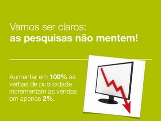 Vamos ser claros:
as pesquisas não mentem!


Aumentar em 100% as
verbas de publicidade
incrementam as vendas
em apenas 2%.
 