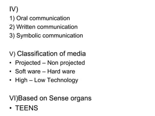 IV)
1) Oral communication
2) Written communication
3) Symbolic communication
V) Classification of media
• Projected – Non projected
• Soft ware – Hard ware
• High – Low Technology
VI)Based on Sense organs
• TEENS
 