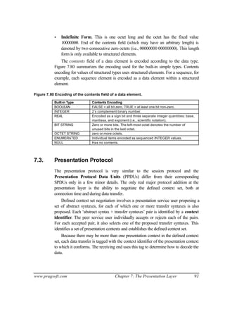 www.pragsoft.com Chapter 7: The Presentation Layer 93
• Indefinite Form. This is one octet long and the octet has the fixed value
10000000. End of the contents field (which may have an arbitrary length) is
denoted by two consecutive zero octets (i.e., 00000000 00000000). This length
form is only available to structured elements.
The contents field of a data element is encoded according to the data type.
Figure 7.80 summarizes the encoding used for the built-in simple types. Contents
encoding for values of structured types uses structured elements. For a sequence, for
example, each sequence element is encoded as a data element within a structured
element.
Figure 7.80 Encoding of the contents field of a data element.
Built-in Type Contents Encoding
BOOLEAN FALSE = all bit zero, TRUE = at least one bit non-zero.
INTEGER 2’s complement binary number.
REAL Encoded as a sign bit and three separate integer quantities: base,
mantissa, and exponent (i.e., scientific notation).
BIT STRING Zero or more bits. The left-most octet denotes the number of
unused bits in the last octet.
OCTET STRING zero or more octets.
ENUMERATED Individual items encoded as sequenced INTEGER values.
NULL Has no contents.
7.3. Presentation Protocol
The presentation protocol is very similar to the session protocol and the
Presentation Protocol Data Units (PPDUs) differ from their corresponding
SPDUs only in a few minor details. The only real major protocol addition at the
presentation layer is the ability to negotiate the defined context set, both at
connection time and during data transfer.
Defined context set negotiation involves a presentation service user proposing a
set of abstract syntaxes, for each of which one or more transfer syntaxes is also
proposed. Each ‘abstract syntax + transfer syntaxes’ pair is identified by a context
identifier. The peer service user individually accepts or rejects each of the pairs.
For each accepted pair, it also selects one of the proposed transfer syntaxes. This
identifies a set of presentation contexts and establishes the defined context set.
Because there may be more than one presentation context in the defined context
set, each data transfer is tagged with the context identifier of the presentation context
to which it conforms. The receiving end uses this tag to determine how to decode the
data.
 