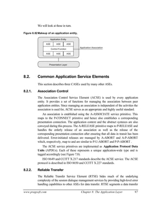 www.pragsoft.com Chapter 8: The Application Layer 97
We will look at these in turn.
Figure 8.82Makeup of an application entity.
Presentation Layer
Application Association
Application Entity
ASE ASE ASE
ASE ASE ASE
Control Function
8.2. Common Application Service Elements
This section describes three CASEs used by many other ASEs.
8.2.1. Association Control
The Association Control Service Element (ACSE) is used by every application
entity. It provides a set of functions for managing the association between peer
application entities. Since managing an association is independent of the activities the
association is used for, ACSE serves as an appropriate and highly useful standard.
An association is established using the A-ASSOCIATE service primitive. This
maps to the P-CONNECT primitive and hence also establishes a corresponding
presentation connection. The application context and the abstract syntaxes are also
conveyed during this process. The A-RELEASE primitive maps to P-RELEASE and
handles the orderly release of an association as well as the release of the
corresponding presentation connection after ensuring that all data in transit has been
delivered. Error-initiated releases are managed by A-ABORT and A-P-ABORT
which, respectively, map to and are similar to P-U-ABORT and P-P-ABORT .
The ACSE service primitives are implemented as Application Protocol Data
Units (APDUs). Each of these represents a unique application-wide type and is
tagged accordingly (see Figure 7.8).
ISO 8649 and CCITT X.217 standards describe the ACSE service. The ACSE
protocol is described in ISO 8650 and CCITT X.227 standards.
8.2.2. Reliable Transfer
The Reliable Transfer Service Element (RTSE) hides much of the underlying
complexity of the session dialogue management services by providing high-level error
handling capabilities to other ASEs for data transfer. RTSE segments a data transfer
 