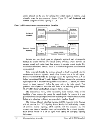 130 Communication Networks Copyright © 2005 PragSoft
control channel can be used for carrying the control signals of multiple voice
channels, hence the term common channel. Figure 10.Error! Bookmark not
defined. compares inchannel signaling to CCS.
Figure 10.9 Inchannel versus common channel signaling.
Exchange Trunks
(for voice and control signals)
Processor
Exchange
Processor
Switch Switch
Exchange Trunks
(for voice signals only)
Exchange
Switch Switch
Processor Processor
Common Channel
(for control signals only)
Inchannel
Signaling
Common Channel
Signaling
Because the two signal types are physically separated and independently
handled, the overall network now consists of two networks: a voice network for
carrying speech, and a distributed data network for carrying control signals. The
relationship of these two networks results in two modes of operation: associated and
nonassociated.
In the associated mode the common channel is closely associated with the
trunks so that the control signals for a call follow the same route as the voice signal.
In the nonassociated mode the exchanges act as the Signaling Points (SP) as
before, but additional Signal Transfer Points (STPs) are introduced to implement a
signaling network of different topology to the voice network. As a result, the control
signals no longer necessarily follow the same route as the voice signals. This
produces two independent networks with links at the switching points. Figure
10.Error! Bookmark not defined. compares the two modes.
The nonassociated mode, while considerably more complex, offers all the
flexibility of data networks for routing the control signals. For example, it is now
possible to route call signaling information to a central point where information can be
looked up in a database to obtain a service profile for handling the call.
The Common Channel Interoffice Signaling (CCIS) system in North America
which is based on the CCITT Signaling System Number 6 (SS6) is a living example
of common channel signaling. CCIS supports both the associated and the
nonassociated mode of operation. It uses packet switching for its control signaling.
Each packet consists of a set of Signal Units (SUs) for conveying signaling
information.
 