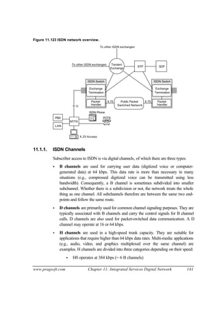 www.pragsoft.com Chapter 11: Integrated Services Digital Network 141
Figure 11.123 ISDN network overview.
Packet
Handler
Exchange
Termination
ISDN Switch
Packet
Handler
Exchange
Termination
ISDN Switch
Public Packet
Switched Network
Tandem
Exchange
SCPSTP
To other ISDN exchanges
To other ISDN exchanges
ISDN Phone
POTSPBX
NT/TA
LAN
X.25 Access
U
X.75 X.75
11.1.1. ISDN Channels
Subscriber access to ISDN is via digital channels, of which there are three types:
• B channels are used for carrying user data (digitized voice or computer-
generated data) at 64 kbps. This data rate is more than necessary in many
situations (e.g., compressed digitized voice can be transmitted using less
bandwidth). Consequently, a B channel is sometimes subdivided into smaller
subchannel. Whether there is a subdivision or not, the network treats the whole
thing as one channel. All subchannels therefore are between the same two end-
points and follow the same route.
• D channels are primarily used for common channel signaling purposes. They are
typically associated with B channels and carry the control signals for B channel
calls. D channels are also used for packet-switched data communication. A D
channel may operate at 16 or 64 kbps.
• H channels are used in a high-speed trunk capacity. They are suitable for
applications that require higher than 64 kbps data rates. Multi-media applications
(e.g., audio, video, and graphics multiplexed over the same channel) are
examples. H channels are divided into three categories depending on their speed:
• H0 operates at 384 kbps (= 6 B channels)
 