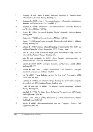 162 Communication Networks
9 Hegering, H. and Lapple A. (1993) Ethernet: Building a Communications
Infrastructure, Addison-Wesley, Reading, MA.
10 Heldman, R. (1993) Future Telecommunications: Information Applications,
Services, and Infrastructure, McGraw-Hill, NY.
10 Heldman, R. (1994) Information Telecommunications: Networks, Products,
and Services, McGraw-Hill, NY.
11 Helgert, H. (1991) Integrated Services Digital Networks, Addison-Wesley,
Reading, MA.
1 Hughes, L. (1992) Data Communications, McGraw-Hill, NY.
9 Hunter, P. (1993) Local Area Networks: Making the Right Choice, Addison-
Wesley, Reading, MA.
10 Jabbari, B. (1991) ‘Common Channel Signaling System Number 7 for ISDN and
Intelligent Networks,’ Proceedings of the IEEE, February issue.
9 Jain, R. (1993) FDDI Handbook: High-Speed Networking Using Fiber and
Other Media, Addison-Wesley, Reading, MA.
1 Jain, B. and Agrawala, A. (1993) Open Systems Interconnection: Its
Architecture and Protocols, McGraw-Hill, NY.
11, 12 Kessler, G. (1993) ISDN: Concepts, facilities, and Services, Second Edition,
McGraw-Hill, NY.
9 Kessler, G. and Train, D. (1992) Metropolitan Area Networks: Concepts,
Standards, and Service, McGraw-Hill, NY.
11 Lai, W. (1989) ‘Frame Relaying service: An Overview,’ Proceedings IEEE
INFOCOM ’89, April.
9 Layland, R. (1994) LAN Internetworking: Building the Corporate Enterprise
Network for the 90’s, Addison-Wesley, Reading, MA.
4 Lynch, D. and Rose, M. (1993) The Internet System Handbook, Addison-
Wesley, Reading, MA.
1 Marshall, R. (1990), The Open Book: A Practical Perspective on OSI, Prentice
Hall, Englewood Cliffs, NJ.
1, 3 Martin, J. and Leben, J. (1988), Principles of Data Communication, Prentice
Hall, Englewood Cliffs, NJ.
10 Martin, J. (1990) Telecommunications and the Computer, Prentice Hall,
Englewood Cliffs, NJ.
 