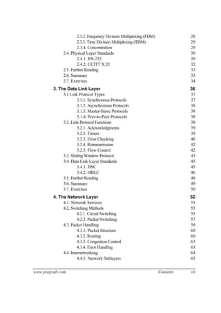 www.pragsoft.com Contents vii
2.3.2. Frequency Division Multiplexing (FDM) 28
2.3.3. Time Division Multiplexing (TDM) 29
2.3.4. Concentration 29
2.4. Physical Layer Standards 30
2.4.1. RS-232 30
2.4.2. CCITT X.21 32
2.5. Further Reading 33
2.6. Summary 33
2.7. Exercises 34
3. The Data Link Layer 36
3.1 Link Protocol Types 37
3.1.1. Synchronous Protocols 37
3.1.2. Asynchronous Protocols 38
3.1.3. Master-Slave Protocols 38
3.1.4. Peer-to-Peer Protocols 38
3.2. Link Protocol Functions 38
3.2.1. Acknowledgments 39
3.2.2. Timers 39
3.2.3. Error Checking 40
3.2.4. Retransmission 42
3.2.5. Flow Control 42
3.3. Sliding Window Protocol 43
3.4. Data Link Layer Standards 45
3.4.1. BSC 45
3.4.2. HDLC 46
3.5. Further Reading 48
3.6. Summary 49
3.7. Exercises 50
4. The Network Layer 52
4.1. Network Services 53
4.2. Switching Methods 55
4.2.1. Circuit Switching 55
4.2.2. Packet Switching 57
4.3. Packet Handling 59
4.3.1. Packet Structure 60
4.3.2. Routing 60
4.3.3. Congestion Control 63
4.3.4. Error Handling 63
4.4. Internetworking 64
4.4.1. Network Sublayers 65
 