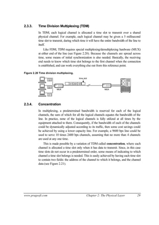 www.pragsoft.com Chapter 2: The Physical Layer 29
2.3.3. Time Division Multiplexing (TDM)
In TDM, each logical channel is allocated a time slot to transmit over a shared
physical channel. For example, each logical channel may be given a 5 millisecond
time slot to transmit, during which time it will have the entire bandwidth of the line to
itself.
Like FDM, TDM requires special multiplexing/demultiplexing hardware (MUX)
at either end of the line (see Figure 2.20). Because the channels are spread across
time, some means of initial synchronization is also needed. Basically, the receiving
end needs to know which time slot belongs to the first channel when the connection
is established, and can work everything else out from this reference point.
Figure 2.20 Time division multiplexing.
MUX MUX
101
001
011
011 001 101
time slot
2.3.4. Concentration
In multiplexing, a predetermined bandwidth is reserved for each of the logical
channels, the sum of which for all the logical channels equates the bandwidth of the
line. In practice, none of the logical channels is fully utilized at all times by the
equipment attached to them. Consequently, if the bandwidth of each of the channels
could be dynamically adjusted according to its traffic, then some cost savings could
be achieved by using a lower capacity line. For example, a 9600 bps line could be
used to serve 10 times 2400 bps channels, assuming that no more than 4 channels
are used at any one time.
This is made possible by a variation of TDM called concentration, where each
channel is allocated a time slot only when it has data to transmit. Since, in this case
time slots do not occur in a predetermined order, some means of indicating to which
channel a time slot belongs is needed. This is easily achieved by having each time slot
to contain two fields: the address of the channel to which it belongs, and the channel
data (see Figure 2.21).
 