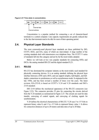 30 Communication Networks Copyright © 2005 PragSoft
Figure 2.21 Time slots in concentration.
001 001 01010101 11111 01110 001 11011
Channel data
Channel address
Concentration is a popular method for connecting a set of character-based
terminals to a central computer. Line capacity requirements are greatly reduced due
to the fact that terminals tend to be idle for most of their operating period.
2.4. Physical Layer Standards
The most commonly-used physical layer standards are those published by ISO,
CCITT, IEEE, and EIA, many of which are inter-related. A large number of the
existing standards deal with transmission over telephone lines. The CCITT V series
of standards fall into this category and are by far the most-widely adopted.
Below we will look at two very popular standards for connecting DTEs and
DCEs: the analog standard RS-232 and the digital standard X.21.
2.4.1. RS-232
RS-232 has dominated the computer industry as the most-widely used standard for
physically connecting devices. It is an analog standard, defining the physical layer
interface between a DTE and a DCE, and can support simplex, half-duplex, and full-
duplex connections in synchronous as well as asynchronous mode. It originated in the
late 1950s, and has been revised a number of times over the years. The latest
revision, EIA-232-D, is based on CCITT’s V.24 and V.28 standards and ISO’s
2110 standard.
ISO 2110 defines the mechanical appearance of the RS-232 connectors (see
Figure 2.22). The connector provides 25 pins for connecting the circuits derived
from the V.24 standard, as summarized in Figure 2.23. The circuits are used for data
transfer, conveying of control signals, and conveying of clocking signals for
synchronization.
V.28 defines the electrical characteristics of RS-232. V.28 uses 5 to 15 Volts to
represent binary value 0, and -5 to -15 Volts to represent binary value 1. It allows
for connection distances of up to 20 meters and data rates of up to 20 kbps.
 