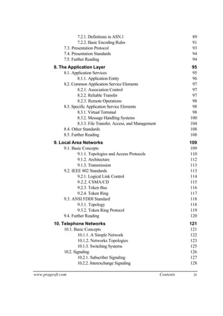 www.pragsoft.com Contents ix
7.2.1. Definitions in ASN.1 89
7.2.2. Basic Encoding Rules 91
7.3. Presentation Protocol 93
7.4. Presentation Standards 94
7.5. Further Reading 94
8. The Application Layer 95
8.1. Application Services 95
8.1.1. Application Entity 96
8.2. Common Application Service Elements 97
8.2.1. Association Control 97
8.2.2. Reliable Transfer 97
8.2.3. Remote Operations 98
8.3. Specific Application Service Elements 98
8.3.1. Virtual Terminal 98
8.3.2. Message Handling Systems 100
8.3.3. File Transfer, Access, and Management 104
8.4. Other Standards 108
8.5. Further Reading 108
9. Local Area Networks 109
9.1. Basic Concepts 109
9.1.1. Topologies and Access Protocols 110
9.1.2. Architecture 112
9.1.3. Transmission 113
9.2. IEEE 802 Standards 113
9.2.1. Logical Link Control 114
9.2.2. CSMA/CD 115
9.2.3. Token Bus 116
9.2.4. Token Ring 117
9.3. ANSI FDDI Standard 118
9.3.1. Topology 118
9.3.2. Token Ring Protocol 119
9.4. Further Reading 120
10. Telephone Networks 121
10.1. Basic Concepts 121
10.1.1. A Simple Network 122
10.1.2. Networks Topologies 123
10.1.3. Switching Systems 125
10.2. Signaling 126
10.2.1. Subscriber Signaling 127
10.2.2. Interexchange Signaling 128
 