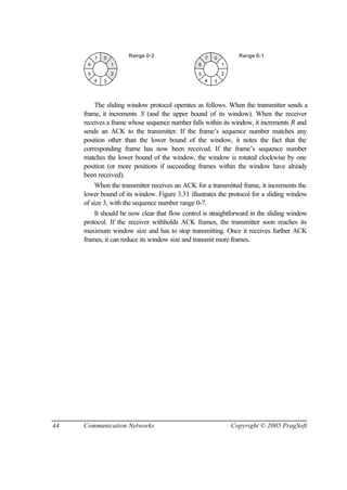 44 Communication Networks Copyright © 2005 PragSoft
0
1
2
34
5
6
7 Range 0-3 0
1
2
34
5
6
7 Range 6-1
The sliding window protocol operates as follows. When the transmitter sends a
frame, it increments S (and the upper bound of its window). When the receiver
receives a frame whose sequence number falls within its window, it increments R and
sends an ACK to the transmitter. If the frame’s sequence number matches any
position other than the lower bound of the window, it notes the fact that the
corresponding frame has now been received. If the frame’s sequence number
matches the lower bound of the window, the window is rotated clockwise by one
position (or more positions if succeeding frames within the window have already
been received).
When the transmitter receives an ACK for a transmitted frame, it increments the
lower bound of its window. Figure 3.31 illustrates the protocol for a sliding window
of size 3, with the sequence number range 0-7.
It should be now clear that flow control is straightforward in the sliding window
protocol. If the receiver withholds ACK frames, the transmitter soon reaches its
maximum window size and has to stop transmitting. Once it receives further ACK
frames, it can reduce its window size and transmit more frames.
 