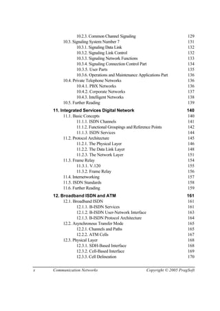 x Communication Networks Copyright © 2005 PragSoft
10.2.3. Common Channel Signaling 129
10.3. Signaling System Number 7 131
10.3.1. Signaling Data Link 132
10.3.2. Signaling Link Control 132
10.3.3. Signaling Network Functions 133
10.3.4. Signaling Connection Control Part 134
10.3.5. User Parts 135
10.3.6. Operations and Maintenance Applications Part 136
10.4. Private Telephone Networks 136
10.4.1. PBX Networks 136
10.4.2. Corporate Networks 137
10.4.3. Intelligent Networks 138
10.5. Further Reading 139
11. Integrated Services Digital Network 140
11.1. Basic Concepts 140
11.1.1. ISDN Channels 141
11.1.2. Functional Groupings and Reference Points 142
11.1.3. ISDN Services 144
11.2. Protocol Architecture 145
11.2.1. The Physical Layer 146
11.2.2. The Data Link Layer 148
11.2.3. The Network Layer 151
11.3. Frame Relay 154
11.3.1. V.120 155
11.3.2. Frame Relay 156
11.4. Internetworking 157
11.5. ISDN Standards 158
11.6. Further Reading 159
12. Broadband ISDN and ATM 161
12.1. Broadband ISDN 161
12.1.1. B-ISDN Services 161
12.1.2. B-ISDN User-Network Interface 163
12.1.3. B-ISDN Protocol Architecture 164
12.2. Asynchronous Transfer Mode 165
12.2.1. Channels and Paths 165
12.2.2. ATM Cells 167
12.3. Physical Layer 168
12.3.1. SDH-Based Interface 168
12.3.2. Cell-Based Interface 169
12.3.3. Cell Delineation 170
 