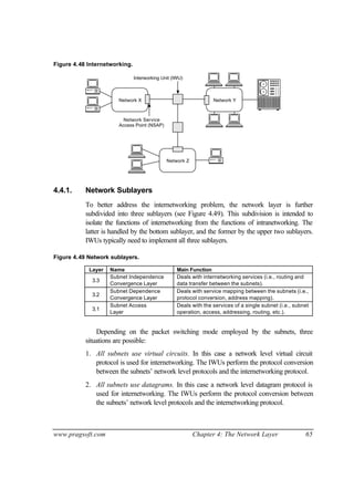 www.pragsoft.com Chapter 4: The Network Layer 65
Figure 4.48 Internetworking.
Network Z
Network YNetwork X
Interworking Unit (IWU)
Network Service
Access Point (NSAP)
4.4.1. Network Sublayers
To better address the internetworking problem, the network layer is further
subdivided into three sublayers (see Figure 4.49). This subdivision is intended to
isolate the functions of internetworking from the functions of intranetworking. The
latter is handled by the bottom sublayer, and the former by the upper two sublayers.
IWUs typically need to implement all three sublayers.
Figure 4.49 Network sublayers.
Layer Name Main Function
3.3
Subnet Independence
Convergence Layer
Deals with internetworking services (i.e., routing and
data transfer between the subnets).
3.2
Subnet Dependence
Convergence Layer
Deals with service mapping between the subnets (i.e.,
protocol conversion, address mapping).
3.1
Subnet Access
Layer
Deals with the services of a single subnet (i.e., subnet
operation, access, addressing, routing, etc.).
Depending on the packet switching mode employed by the subnets, three
situations are possible:
1. All subnets use virtual circuits. In this case a network level virtual circuit
protocol is used for internetworking. The IWUs perform the protocol conversion
between the subnets’ network level protocols and the internetworking protocol.
2. All subnets use datagrams. In this case a network level datagram protocol is
used for internetworking. The IWUs perform the protocol conversion between
the subnets’ network level protocols and the internetworking protocol.
 