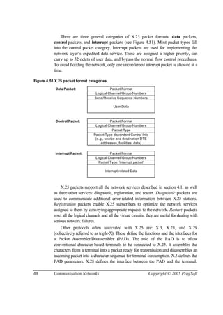68 Communication Networks Copyright © 2005 PragSoft
There are three general categories of X.25 packet formats: data packets,
control packets, and interrupt packets (see Figure 4.51). Most packet types fall
into the control packet category. Interrupt packets are used for implementing the
network layer’s expedited data service. These are assigned a higher priority, can
carry up to 32 octets of user data, and bypass the normal flow control procedures.
To avoid flooding the network, only one unconfirmed interrupt packet is allowed at a
time.
Figure 4.51 X.25 packet format categories.
Data Packet: Packet Format
Logical Channel/Group Numbers
Send/Receive Sequence Numbers
User Data
Control Packet: Packet Format
Logical Channel/Group Numbers
Packet Type
Packet Type-dependent Control Info
(e.g., source and destination DTE
addresses, facilities, data)
Interrupt Packet: Packet Format
Logical Channel/Group Numbers
Packet Type: ‘interrupt packet’
Interrupt-related Data
X.25 packets support all the network services described in section 4.1, as well
as three other services: diagnostic, registration, and restart. Diagnostic packets are
used to communicate additional error-related information between X.25 stations.
Registration packets enable X.25 subscribers to optimize the network services
assigned to them by conveying appropriate requests to the network. Restart packets
reset all the logical channels and all the virtual circuits; they are useful for dealing with
serious network failures.
Other protocols often associated with X.25 are: X.3, X.28, and X.29
(collectively referred to as triple-X). These define the functions and the interfaces for
a Packet Assembler/Disassembler (PAD). The role of the PAD is to allow
conventional character-based terminals to be connected to X.25. It assembles the
characters from a terminal into a packet ready for transmission and disassembles an
incoming packet into a character sequence for terminal consumption. X.3 defines the
PAD parameters. X.28 defines the interface between the PAD and the terminal.
 