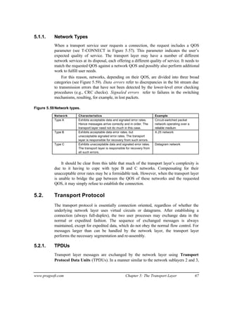 www.pragsoft.com Chapter 5: The Transport Layer 67
5.1.1. Network Types
When a transport service user requests a connection, the request includes a QOS
parameter (see T-CONNECT in Figure 5.57). This parameter indicates the user’s
expected quality of service. The transport layer may have a number of different
network services at its disposal, each offering a different quality of service. It needs to
match the requested QOS against a network QOS and possibly also perform additional
work to fulfill user needs.
For this reason, networks, depending on their QOS, are divided into three broad
categories (see Figure 5.59). Data errors refer to discrepancies in the bit stream due
to transmission errors that have not been detected by the lower-level error checking
procedures (e.g., CRC checks). Signaled errors refer to failures in the switching
mechanisms, resulting, for example, in lost packets.
Figure 5.59Network types.
Network Characteristics Example
Type A Exhibits acceptable data and signaled error rates.
Hence messages arrive correctly and in order. The
transport layer need not do much in this case.
Circuit-switched packet
network operating over a
reliable medium
Type B Exhibits acceptable data error rates, but
unacceptable signaled error rates. The transport
layer is responsible for recovery from such errors.
X.25 network
Type C Exhibits unacceptable data and signaled error rates.
The transport layer is responsible for recovery from
all such errors.
Datagram network
It should be clear from this table that much of the transport layer’s complexity is
due to it having to cope with type B and C networks. Compensating for their
unacceptable error rates may be a formidable task. However, when the transport layer
is unable to bridge the gap between the QOS of these networks and the requested
QOS, it may simply refuse to establish the connection.
5.2. Transport Protocol
The transport protocol is essentially connection oriented, regardless of whether the
underlying network layer uses virtual circuits or datagrams. After establishing a
connection (always full-duplex), the two user processes may exchange data in the
normal or expedited fashion. The sequence of exchanged messages is always
maintained, except for expedited data, which do not obey the normal flow control. For
messages larger than can be handled by the network layer, the transport layer
performs the necessary segmentation and re-assembly.
5.2.1. TPDUs
Transport layer messages are exchanged by the network layer using Transport
Protocol Data Units (TPDUs). In a manner similar to the network sublayers 2 and 3,
 