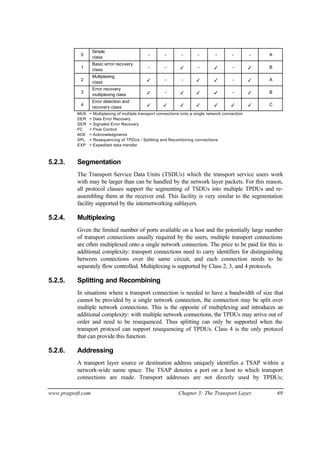 www.pragsoft.com Chapter 5: The Transport Layer 69
0
Simple
class
- - - - - - - A
1
Basic error recovery
class
- - 3 - 3 - 3 B
2
Multiplexing
class 3 - - 3 3 - 3 A
3
Error recovery
multiplexing class 3 - 3 3 3 - 3 B
4
Error detection and
recovery class 3 3 3 3 3 3 3 C
MUX = Multiplexing of multiple transport connections onto a single network connection
DER = Data Error Recovery
SER = Signaled Error Recovery
FC = Flow Control
ACK = Acknowledgments
SPL = Resequencing of TPDUs / Splitting and Recombining connections
EXP = Expedited data transfer
5.2.3. Segmentation
The Transport Service Data Units (TSDUs) which the transport service users work
with may be larger than can be handled by the network layer packets. For this reason,
all protocol classes support the segmenting of TSDUs into multiple TPDUs and re-
assembling them at the receiver end. This facility is very similar to the segmentation
facility supported by the internetworking sublayers.
5.2.4. Multiplexing
Given the limited number of ports available on a host and the potentially large number
of transport connections usually required by the users, multiple transport connections
are often multiplexed onto a single network connection. The price to be paid for this is
additional complexity: transport connections need to carry identifiers for distinguishing
between connections over the same circuit, and each connection needs to be
separately flow controlled. Multiplexing is supported by Class 2, 3, and 4 protocols.
5.2.5. Splitting and Recombining
In situations where a transport connection is needed to have a bandwidth of size that
cannot be provided by a single network connection, the connection may be split over
multiple network connections. This is the opposite of multiplexing and introduces an
additional complexity: with multiple network connections, the TPDUs may arrive out of
order and need to be resequenced. Thus splitting can only be supported when the
transport protocol can support resequencing of TPDUs. Class 4 is the only protocol
that can provide this function.
5.2.6. Addressing
A transport layer source or destination address uniquely identifies a TSAP within a
network-wide name space. The TSAP denotes a port on a host to which transport
connections are made. Transport addresses are not directly used by TPDUs;
 