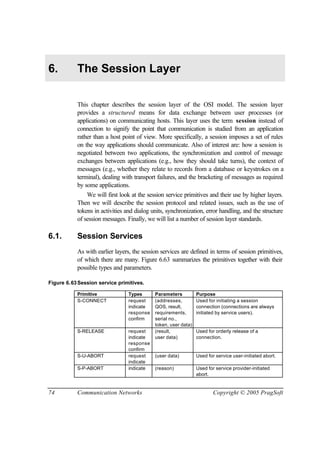 74 Communication Networks Copyright © 2005 PragSoft
6. The Session Layer
This chapter describes the session layer of the OSI model. The session layer
provides a structured means for data exchange between user processes (or
applications) on communicating hosts. This layer uses the term session instead of
connection to signify the point that communication is studied from an application
rather than a host point of view. More specifically, a session imposes a set of rules
on the way applications should communicate. Also of interest are: how a session is
negotiated between two applications, the synchronization and control of message
exchanges between applications (e.g., how they should take turns), the context of
messages (e.g., whether they relate to records from a database or keystrokes on a
terminal), dealing with transport failures, and the bracketing of messages as required
by some applications.
We will first look at the session service primitives and their use by higher layers.
Then we will describe the session protocol and related issues, such as the use of
tokens in activities and dialog units, synchronization, error handling, and the structure
of session messages. Finally, we will list a number of session layer standards.
6.1. Session Services
As with earlier layers, the session services are defined in terms of session primitives,
of which there are many. Figure 6.63 summarizes the primitives together with their
possible types and parameters.
Figure 6.63Session service primitives.
Primitive Types Parameters Purpose
S-CONNECT request
indicate
response
confirm
(addresses,
QOS, result,
requirements,
serial no.,
token, user data)
Used for initiating a session
connection (connections are always
initiated by service users).
S-RELEASE request
indicate
response
confirm
(result,
user data)
Used for orderly release of a
connection.
S-U-ABORT request
indicate
(user data) Used for service user-initiated abort.
S-P-ABORT indicate (reason) Used for service provider-initiated
abort.
 