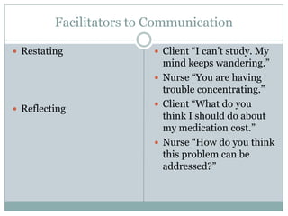 Facilitators to Communication

 Restating               Client “I can’t study. My
                           mind keeps wandering.”
                          Nurse “You are having
                           trouble concentrating.”
                          Client “What do you
 Reflecting
                           think I should do about
                           my medication cost.”
                          Nurse “How do you think
                           this problem can be
                           addressed?”
 