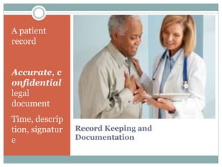 A patient
record


Accurate, c
onfidential
legal
document
Time, descrip
tion, signatur   Record Keeping and
e                Documentation
 