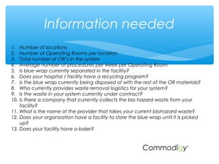 1. Number of locations
2. Number of Operating Rooms per location
3. Total number of OR’s in the system
4. Average number of procedures per week per Operating Room
5. Is blue wrap currently separated in the facility?
6. Does your hospital / facility have a recycling program?
7. Is the blue wrap currently being disposed of with the rest of the OR materials?
8. Who currently provides waste removal logistics for your system?
9. Is the waste in your system currently under contract?
10. Is there a company that currently collects the bio hazard waste from your
facility?
11. What is the name of the provider that takes your current biohazard waste?
12. Does your organization have a facility to store the blue wrap until it is picked
up?
13. Does your facility have a baler?
Information needed
Commodigy™
 