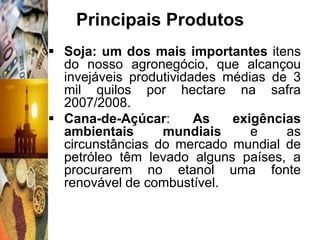 Principais Produtos
 Soja: um dos mais importantes itens
  do nosso agronegócio, que alcançou
  invejáveis produtividades médias de 3
  mil quilos por hectare na safra
  2007/2008.
 Cana-de-Açúcar:       As   exigências
  ambientais      mundiais      e    as
  circunstâncias do mercado mundial de
  petróleo têm levado alguns países, a
  procurarem no etanol uma fonte
  renovável de combustível.
 