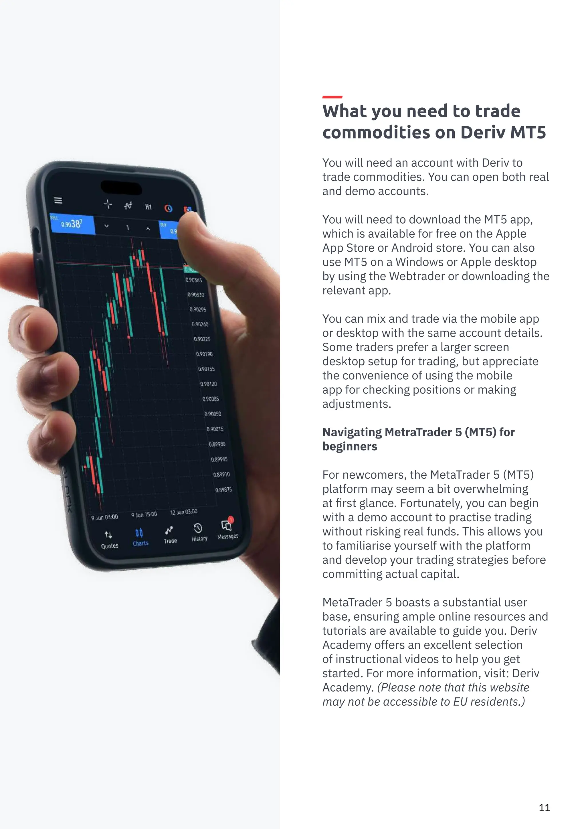 How to Trade Commodities
11
What you need to trade
commodities on Deriv MT5
You will need an account with Deriv to
trade commodities. You can open both real
and demo accounts.
You will need to download the MT5 app,
which is available for free on the Apple
App Store or Android store. You can also
use MT5 on a Windows or Apple desktop
by using the Webtrader or downloading the
relevant app.
You can mix and trade via the mobile app
or desktop with the same account details.
Some traders prefer a larger screen
desktop setup for trading, but appreciate
the convenience of using the mobile
app for checking positions or making
adjustments.
Navigating MetraTrader 5 (MT5) for
beginners
For newcomers, the MetaTrader 5 (MT5)
platform may seem a bit overwhelming
at first glance. Fortunately, you can begin
with a demo account to practise trading
without risking real funds. This allows you
to familiarise yourself with the platform
and develop your trading strategies before
committing actual capital.
MetaTrader 5 boasts a substantial user
base, ensuring ample online resources and
tutorials are available to guide you. Deriv
Academy offers an excellent selection
of instructional videos to help you get
started. For more information, visit: Deriv
Academy. (Please note that this website
may not be accessible to EU residents.)
 