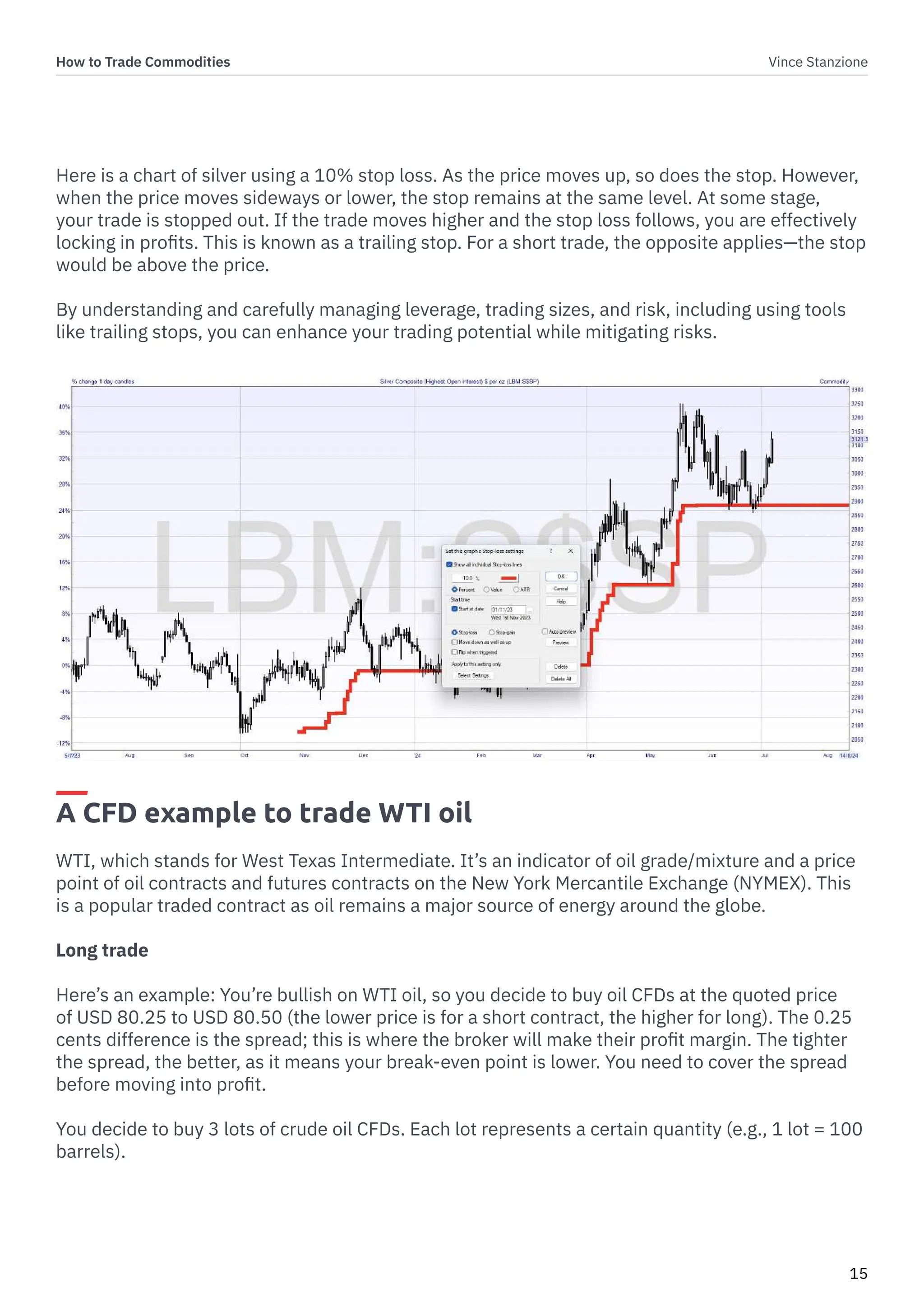 How to Trade Commodities Vince Stanzione
15
Here is a chart of silver using a 10% stop loss. As the price moves up, so does the stop. However,
when the price moves sideways or lower, the stop remains at the same level. At some stage,
your trade is stopped out. If the trade moves higher and the stop loss follows, you are effectively
locking in profits. This is known as a trailing stop. For a short trade, the opposite applies—the stop
would be above the price.
By understanding and carefully managing leverage, trading sizes, and risk, including using tools
like trailing stops, you can enhance your trading potential while mitigating risks.
A CFD example to trade WTI oil
WTI, which stands for West Texas Intermediate. It’s an indicator of oil grade/mixture and a price
point of oil contracts and futures contracts on the New York Mercantile Exchange (NYMEX). This
is a popular traded contract as oil remains a major source of energy around the globe.
Long trade
Here’s an example: You’re bullish on WTI oil, so you decide to buy oil CFDs at the quoted price
of USD 80.25 to USD 80.50 (the lower price is for a short contract, the higher for long). The 0.25
cents difference is the spread; this is where the broker will make their profit margin. The tighter
the spread, the better, as it means your break-even point is lower. You need to cover the spread
before moving into profit.
You decide to buy 3 lots of crude oil CFDs. Each lot represents a certain quantity (e.g., 1 lot = 100
barrels).
 