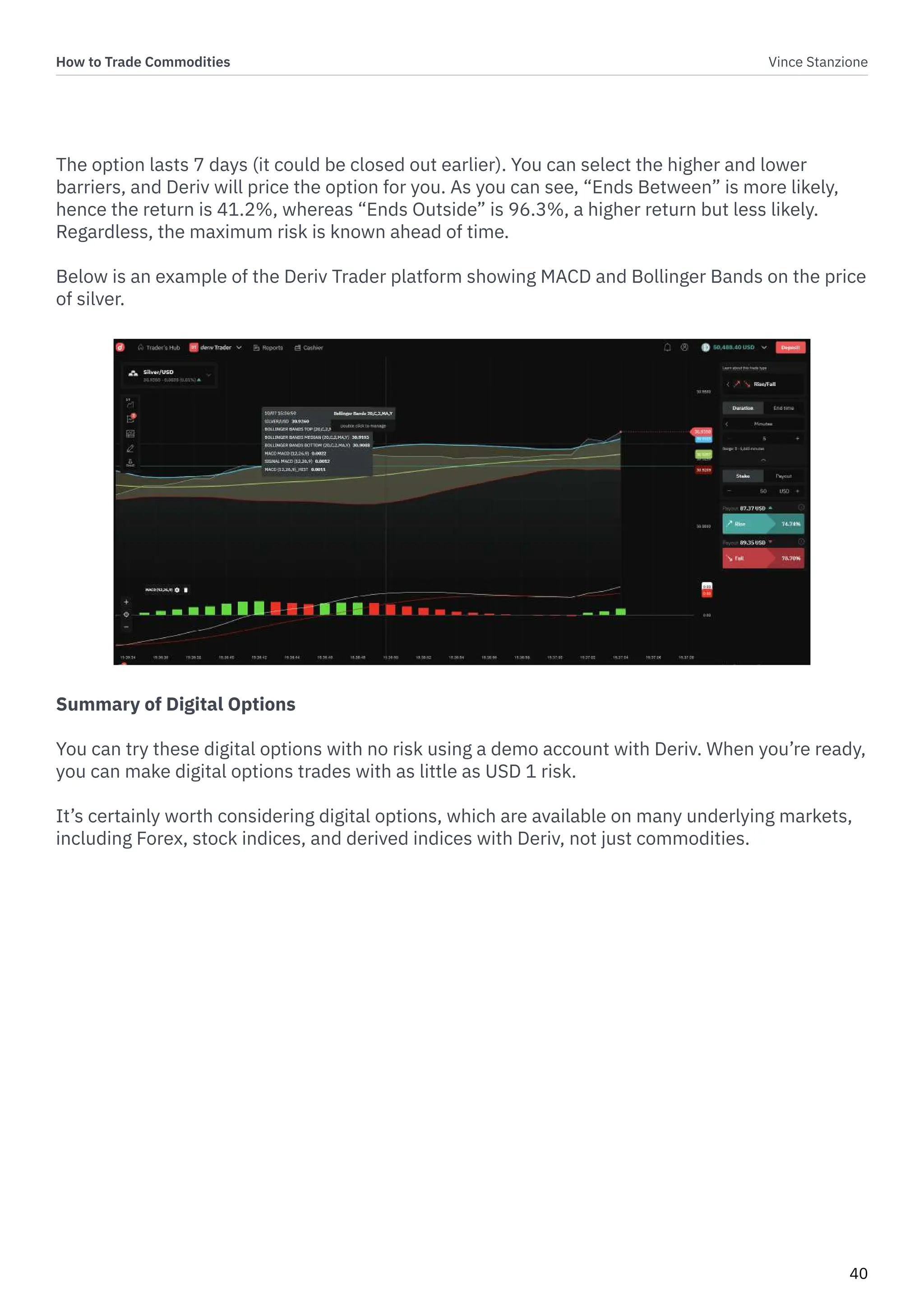 How to Trade Commodities Vince Stanzione
40
The option lasts 7 days (it could be closed out earlier). You can select the higher and lower
barriers, and Deriv will price the option for you. As you can see, “Ends Between” is more likely,
hence the return is 41.2%, whereas “Ends Outside” is 96.3%, a higher return but less likely.
Regardless, the maximum risk is known ahead of time.
Below is an example of the Deriv Trader platform showing MACD and Bollinger Bands on the price
of silver.
Summary of Digital Options
You can try these digital options with no risk using a demo account with Deriv. When you’re ready,
you can make digital options trades with as little as USD 1 risk.
It’s certainly worth considering digital options, which are available on many underlying markets,
including Forex, stock indices, and derived indices with Deriv, not just commodities.
 