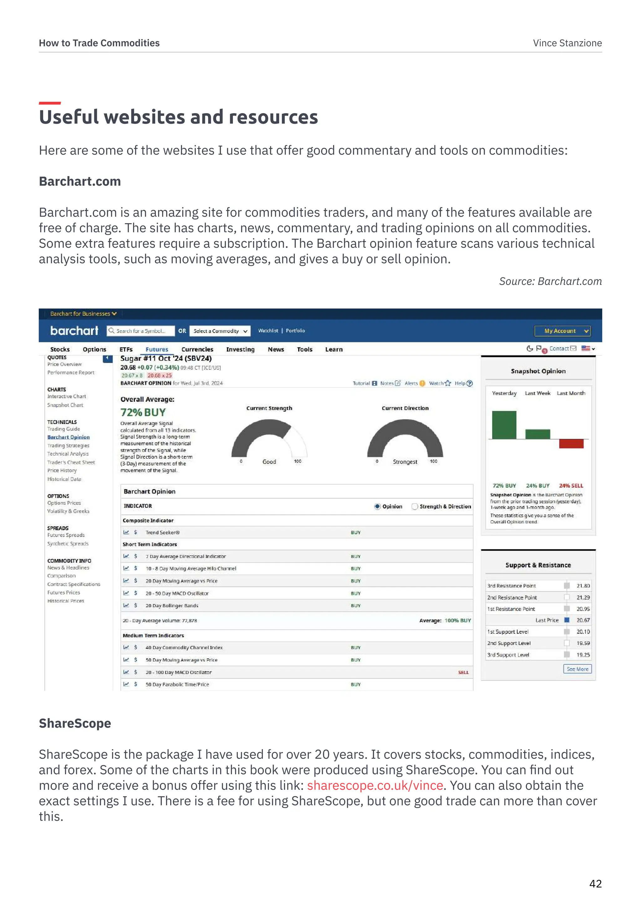 How to Trade Commodities Vince Stanzione
42
Useful websites and resources
Here are some of the websites I use that offer good commentary and tools on commodities:
Barchart.com
Barchart.com is an amazing site for commodities traders, and many of the features available are
free of charge. The site has charts, news, commentary, and trading opinions on all commodities.
Some extra features require a subscription. The Barchart opinion feature scans various technical
analysis tools, such as moving averages, and gives a buy or sell opinion.
Source: Barchart.com
ShareScope
ShareScope is the package I have used for over 20 years. It covers stocks, commodities, indices,
and forex. Some of the charts in this book were produced using ShareScope. You can find out
more and receive a bonus offer using this link: sharescope.co.uk/vince. You can also obtain the
exact settings I use. There is a fee for using ShareScope, but one good trade can more than cover
this.
 