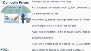 Domestic Prices
2
FOOD STORE
•Domestic prices have remained sticky
•USDA expects rice imports to fall by 500, 000 tonnes to
2.5 million tonnes in 2016
•Influenced by foreign exchange restrictions & current
ban on importation of rice via land borders
•Local rice considered to be of lower quality despite
being more nutritive
•Due to the inflated price of a bag of rice, USDA expects
consumption to decline by 5% to 5.4mt in 2015/16
 