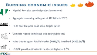 Burning economic issues
• Nigeria’s Forcados terminal production restored
• Aggregate borrowing ceiling set at $22.08bn in 2017
• FG to float Diaspora bond soon, targets $21bn
• Guinness Nigeria to increase local sourcing by 44%
• Naira crashes again: Parallel market (N470/$), Interbank (N307.28/$)
• US GDP growth estimated to be sharply higher at 2.5%
 